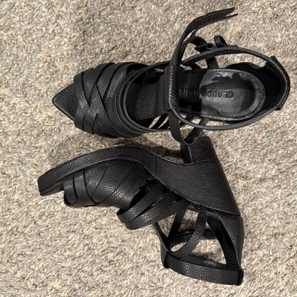Claude Maus Black Leather Gladiator Wedge Heels | Size 38 / US 8 - Picture 1 of 5